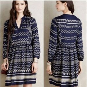 Anthropologie Navy and Cream Zigzag Long Sleeve Dress
